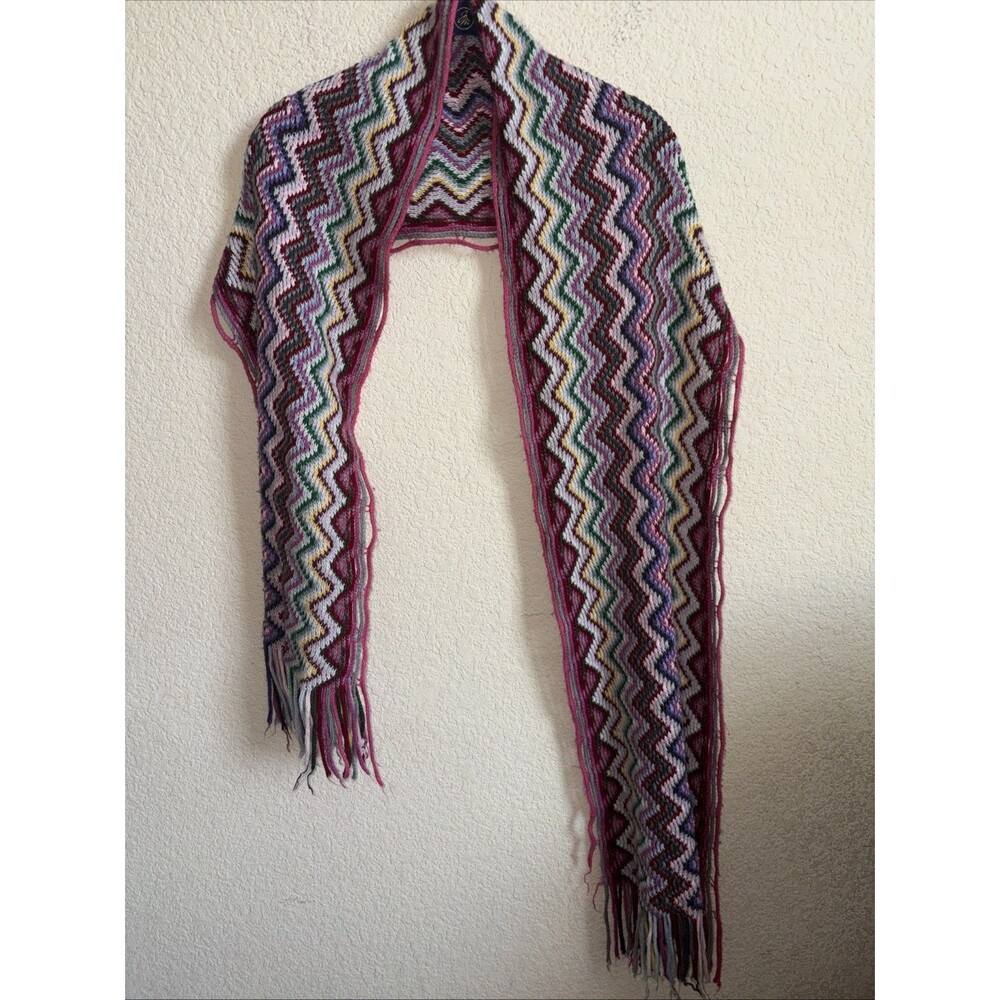 Hand Knit Zig Zag Fringe Poncho Scarf Southwest Boho Hippie Multi Geometric